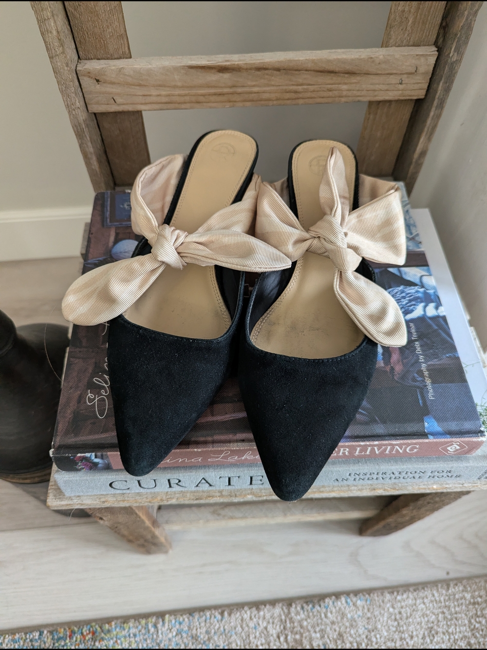 The Row 'Coco' Suede Mules with Cream Satin Bow